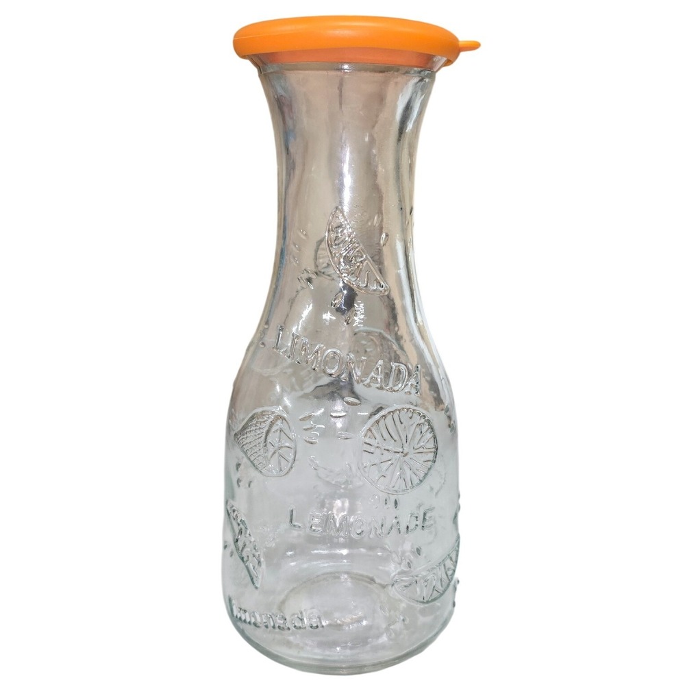 Embossed Glass Lemonade Carafe Pitcher with Orange Lid Limonada Citrus Design‎